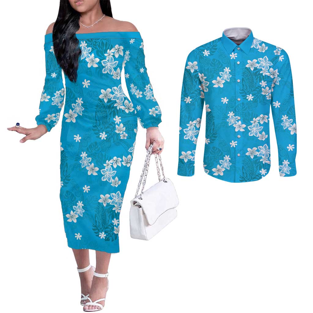 Hawaii Monstera Deliciosa Couples Matching Off The Shoulder Long Sleeve Dress and Long Sleeve Button Shirt Blue Plumeria Polynesian Pattern LT05 Blue - Polynesian Pride