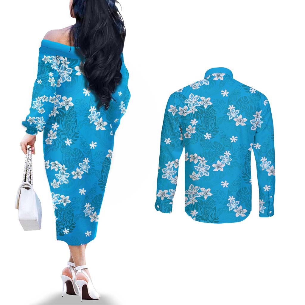 Hawaii Monstera Deliciosa Couples Matching Off The Shoulder Long Sleeve Dress and Long Sleeve Button Shirt Blue Plumeria Polynesian Pattern LT05 - Polynesian Pride