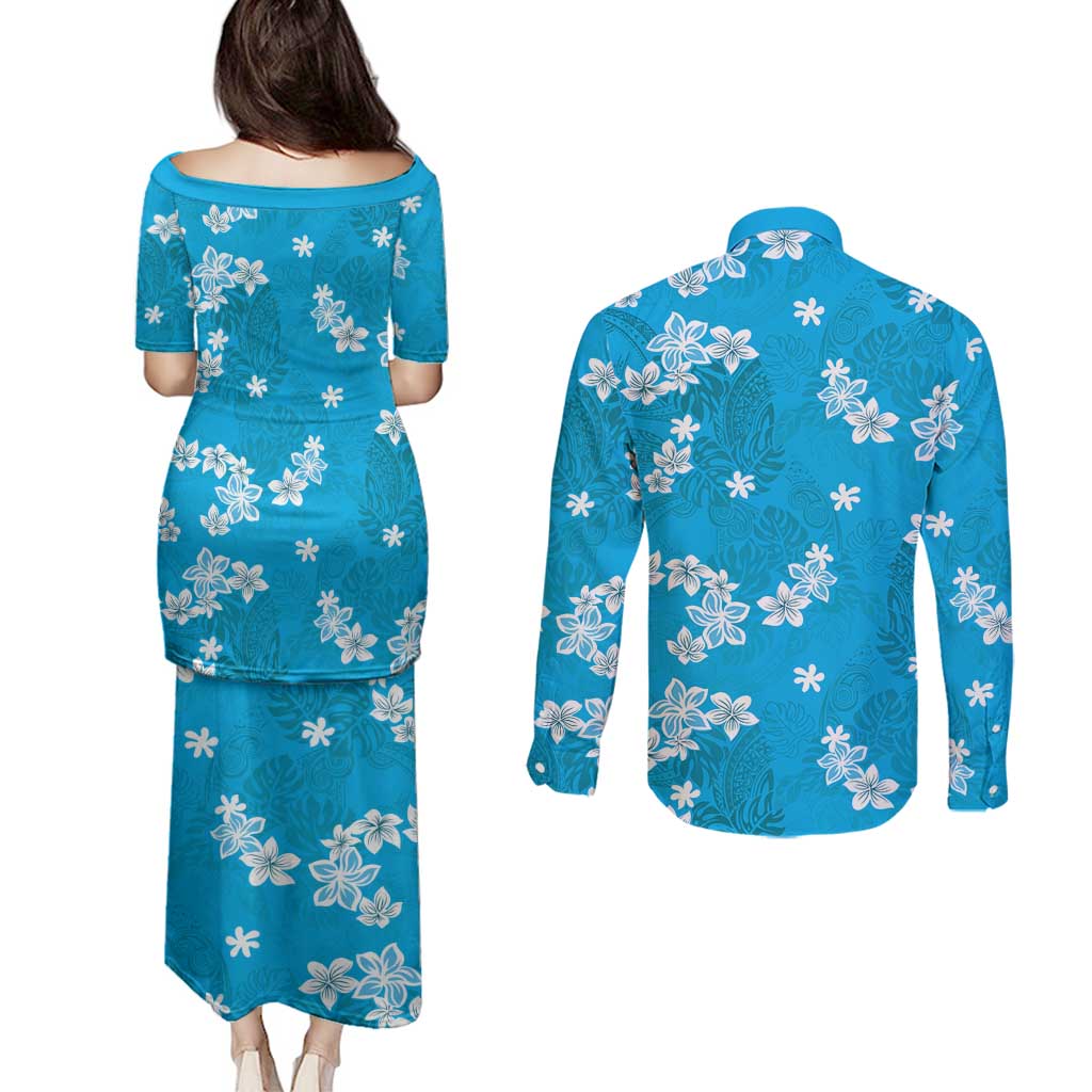 Hawaii Monstera Deliciosa Couples Matching Puletasi and Long Sleeve Button Shirt Blue Plumeria Polynesian Pattern LT05 - Polynesian Pride