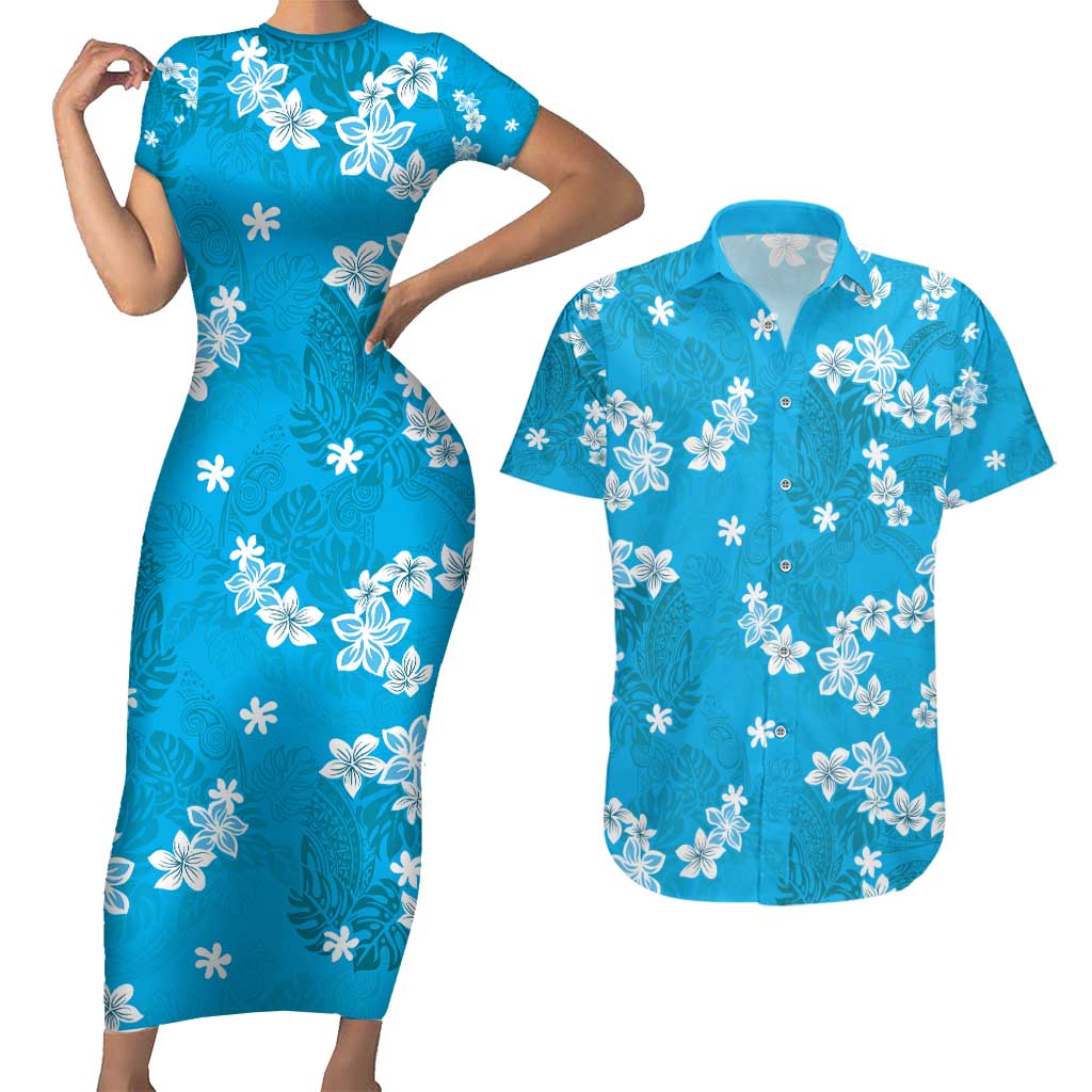 Hawaii Monstera Deliciosa Couples Matching Short Sleeve Bodycon Dress and Hawaiian Shirt Blue Plumeria Polynesian Pattern LT05 Blue - Polynesian Pride