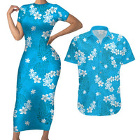 Hawaii Monstera Deliciosa Couples Matching Short Sleeve Bodycon Dress and Hawaiian Shirt Blue Plumeria Polynesian Pattern LT05 Blue - Polynesian Pride