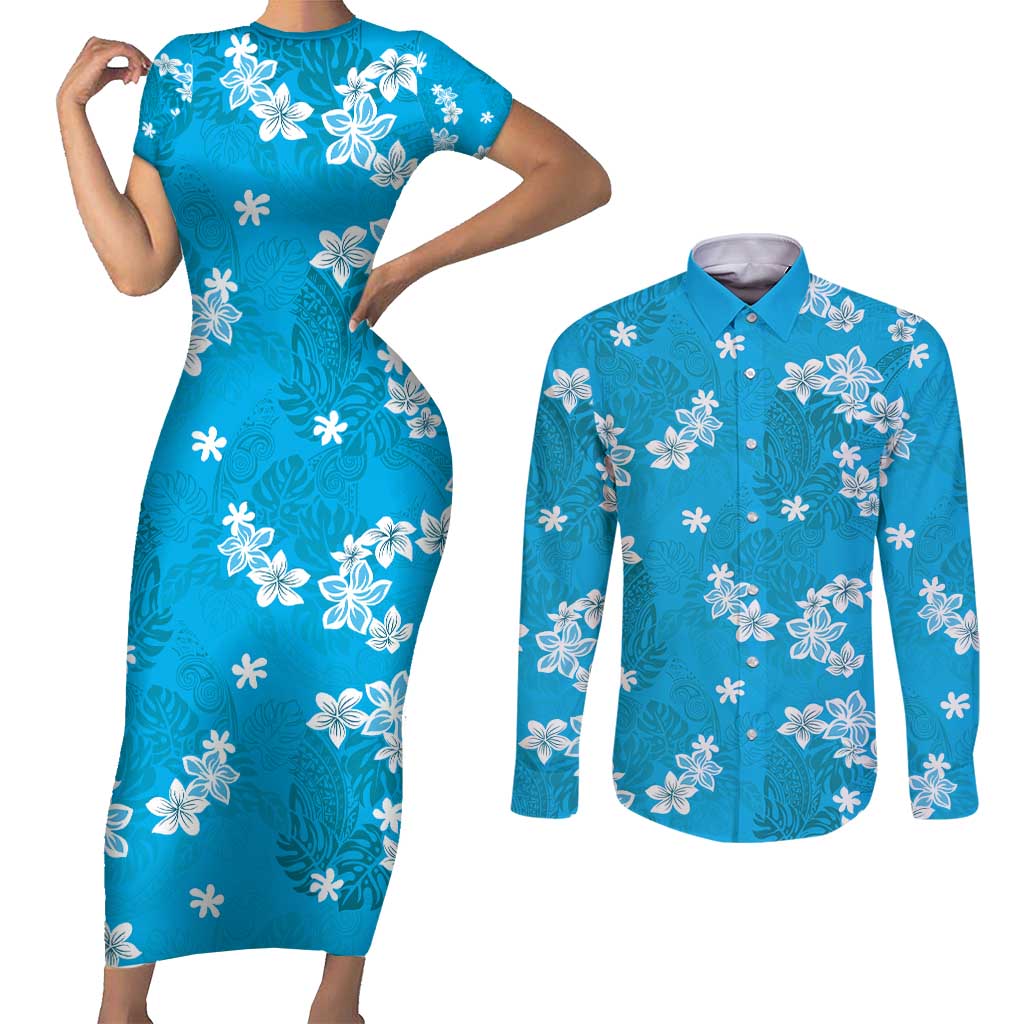 Hawaii Monstera Deliciosa Couples Matching Short Sleeve Bodycon Dress and Long Sleeve Button Shirt Blue Plumeria Polynesian Pattern LT05 Blue - Polynesian Pride