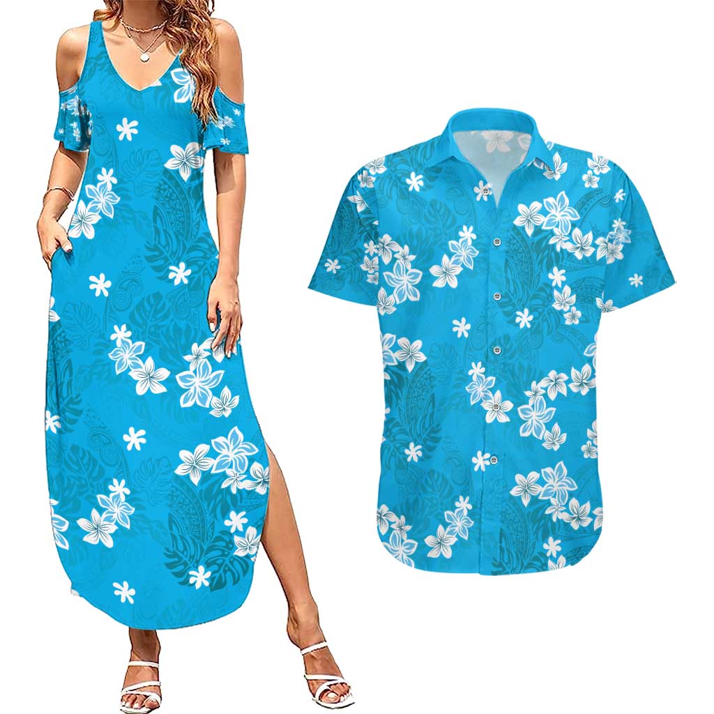 Hawaii Monstera Deliciosa Couples Matching Summer Maxi Dress and Hawaiian Shirt Blue Plumeria Polynesian Pattern LT05 Blue - Polynesian Pride