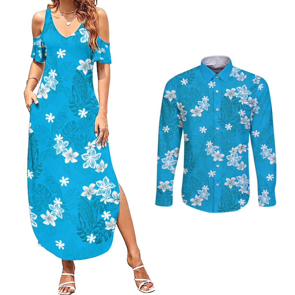 Hawaii Monstera Deliciosa Couples Matching Summer Maxi Dress and Long Sleeve Button Shirt Blue Plumeria Polynesian Pattern LT05 Blue - Polynesian Pride