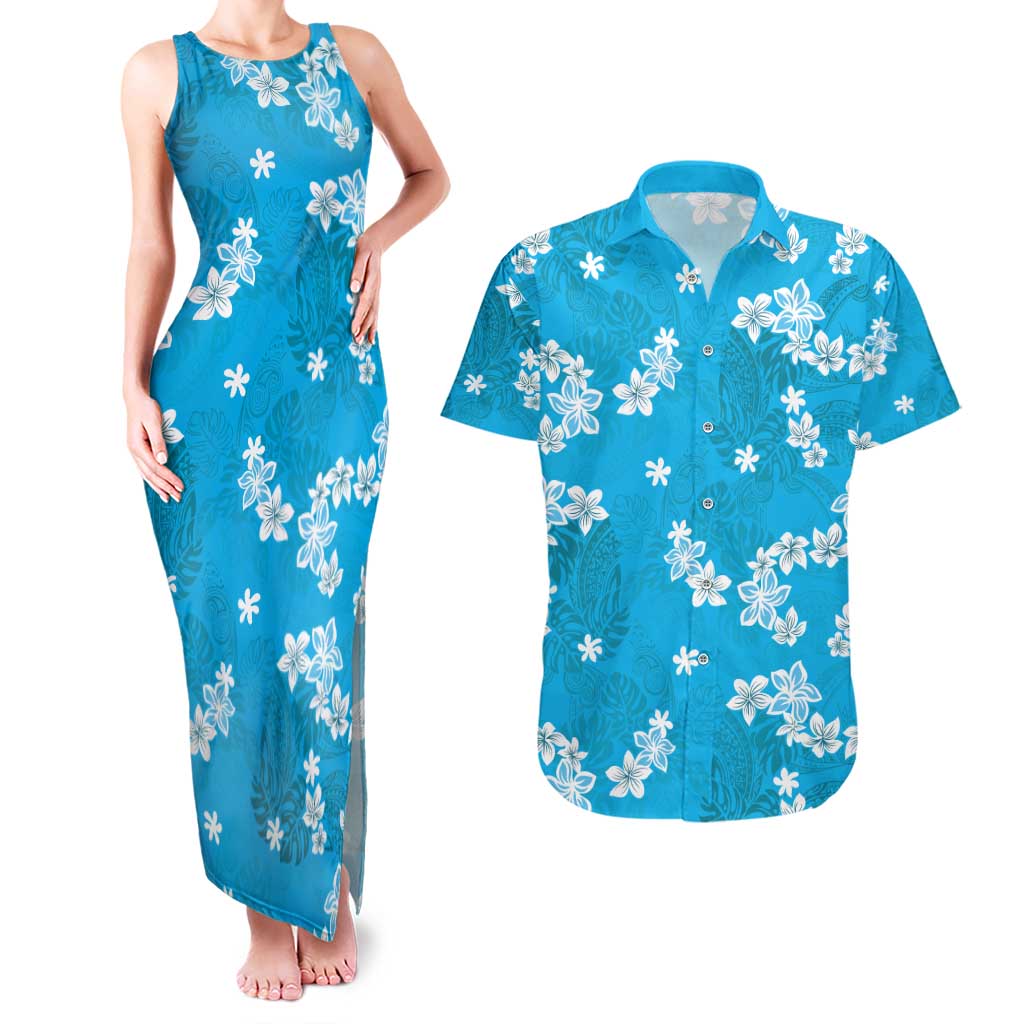 Hawaii Monstera Deliciosa Couples Matching Tank Maxi Dress and Hawaiian Shirt Blue Plumeria Polynesian Pattern LT05 Blue - Polynesian Pride