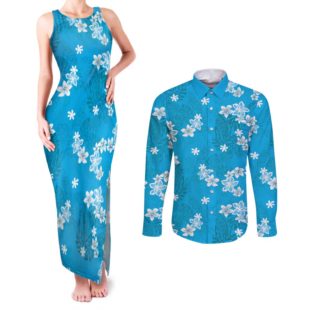 Hawaii Monstera Deliciosa Couples Matching Tank Maxi Dress and Long Sleeve Button Shirt Blue Plumeria Polynesian Pattern LT05 Blue - Polynesian Pride