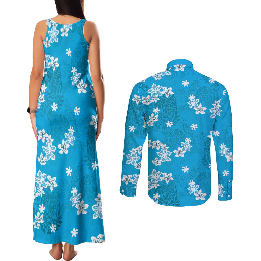 Hawaii Monstera Deliciosa Couples Matching Tank Maxi Dress and Long Sleeve Button Shirt Blue Plumeria Polynesian Pattern LT05 - Polynesian Pride