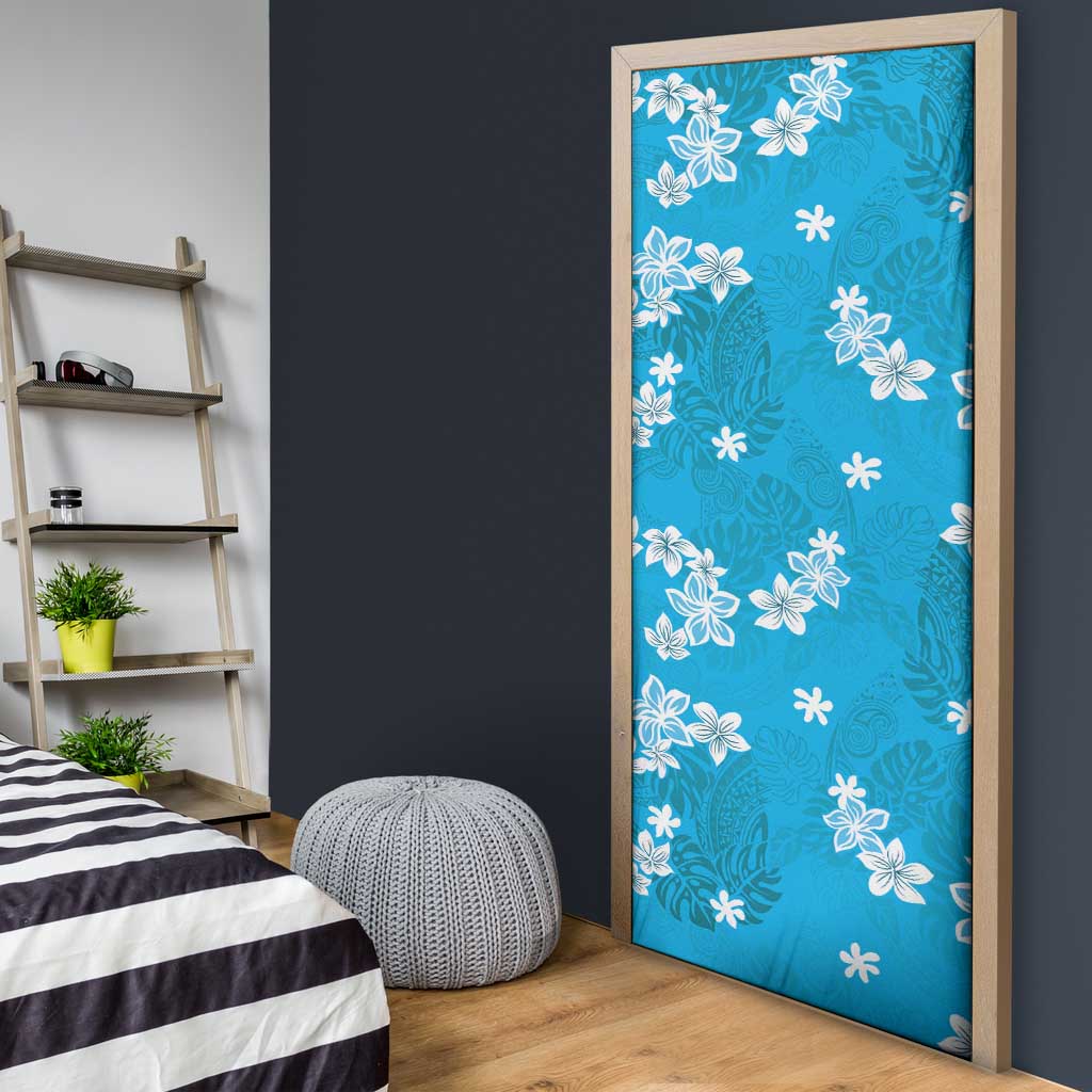 Hawaii Monstera Deliciosa Door Cover Blue Plumeria Polynesian Pattern - Polynesian Pride
