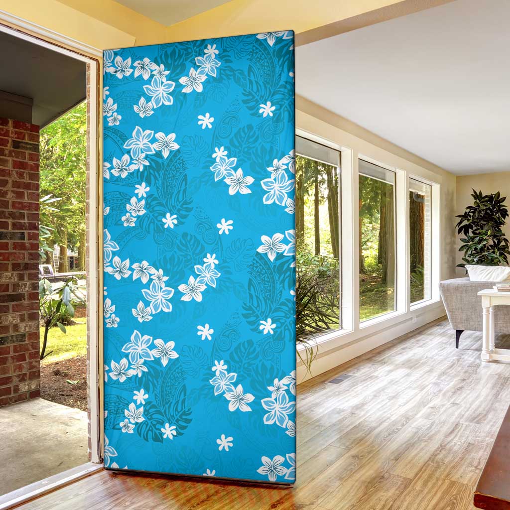 Hawaii Monstera Deliciosa Door Cover Blue Plumeria Polynesian Pattern - Polynesian Pride
