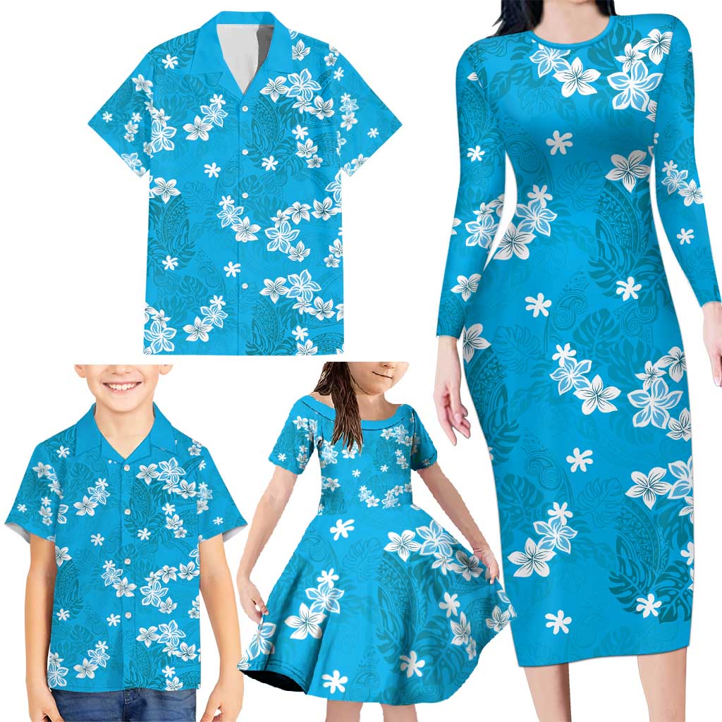 Hawaii Monstera Deliciosa Family Matching Long Sleeve Bodycon Dress and Hawaiian Shirt Blue Plumeria Polynesian Pattern LT05 - Polynesian Pride