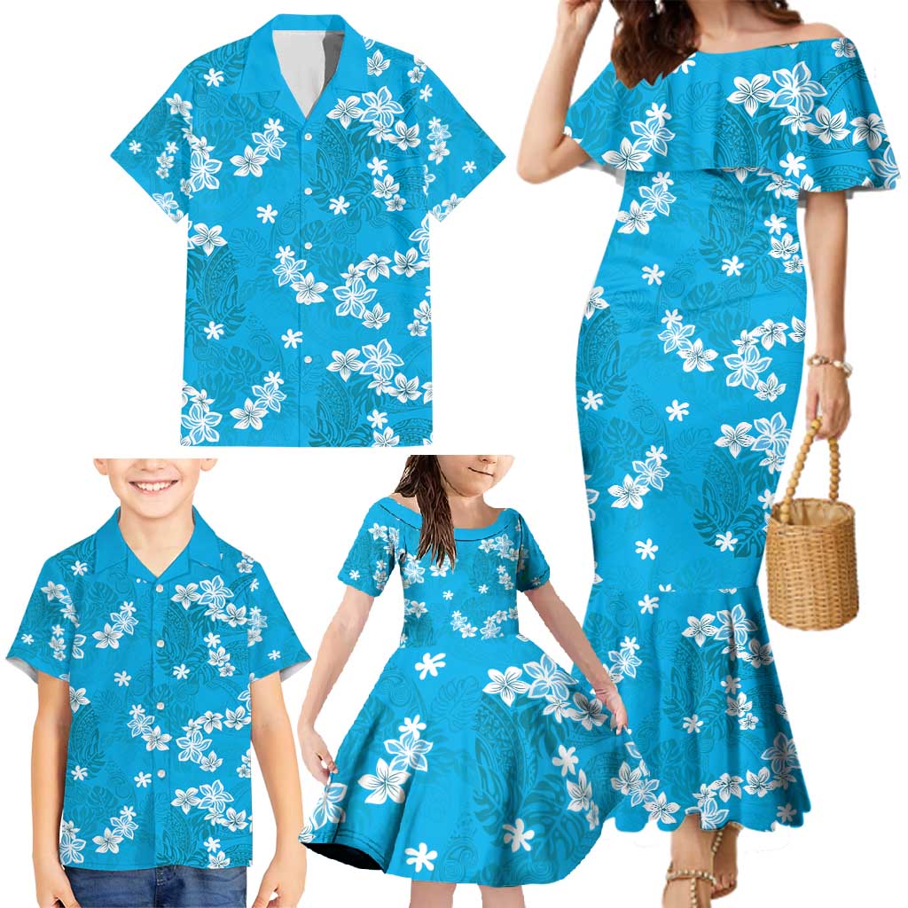 Hawaii Monstera Deliciosa Family Matching Mermaid Dress and Hawaiian Shirt Blue Plumeria Polynesian Pattern LT05 - Polynesian Pride