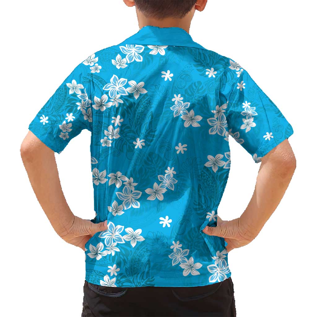 Hawaii Monstera Deliciosa Family Matching Off Shoulder Short Dress and Hawaiian Shirt Blue Plumeria Polynesian Pattern - Polynesian Pride