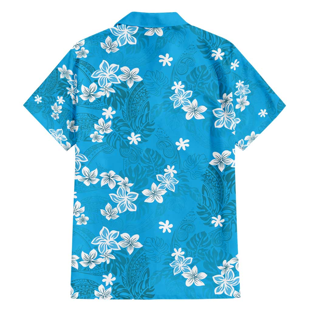 Hawaii Monstera Deliciosa Family Matching Off Shoulder Short Dress and Hawaiian Shirt Blue Plumeria Polynesian Pattern - Polynesian Pride