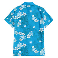 Hawaii Monstera Deliciosa Family Matching Off Shoulder Short Dress and Hawaiian Shirt Blue Plumeria Polynesian Pattern - Polynesian Pride