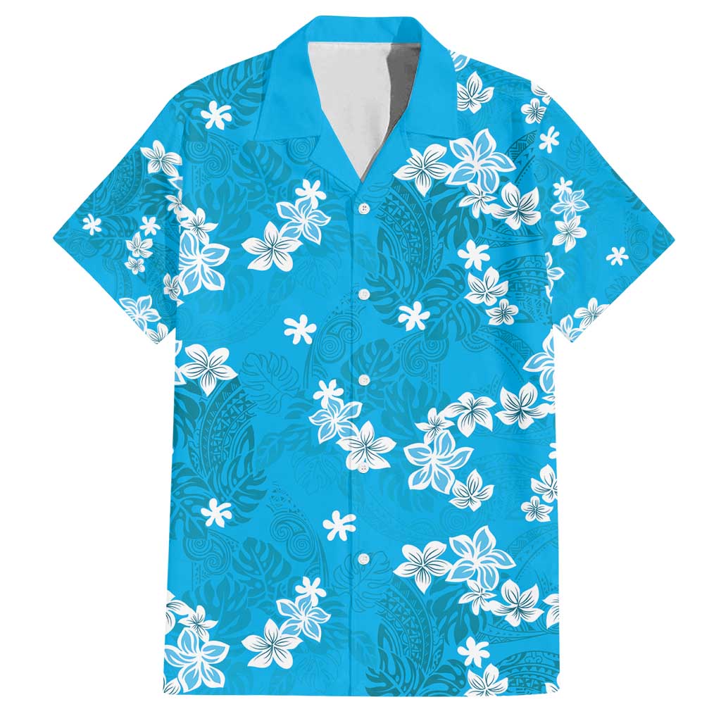 Hawaii Monstera Deliciosa Family Matching Puletasi and Hawaiian Shirt Blue Plumeria Polynesian Pattern LT05 Dad's Shirt - Short Sleeve Blue - Polynesian Pride