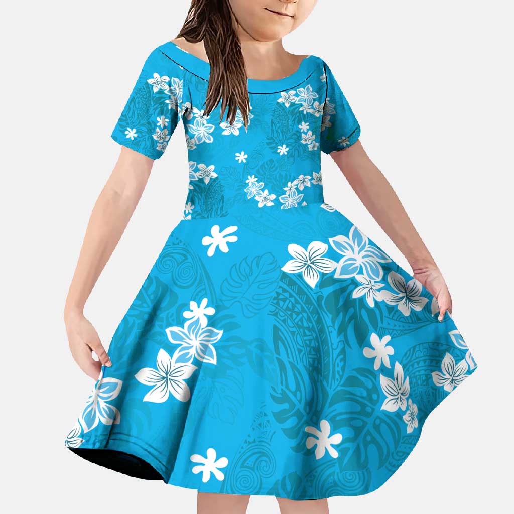 Hawaii Monstera Deliciosa Family Matching Short Sleeve Bodycon Dress and Hawaiian Shirt Blue Plumeria Polynesian Pattern - Polynesian Pride