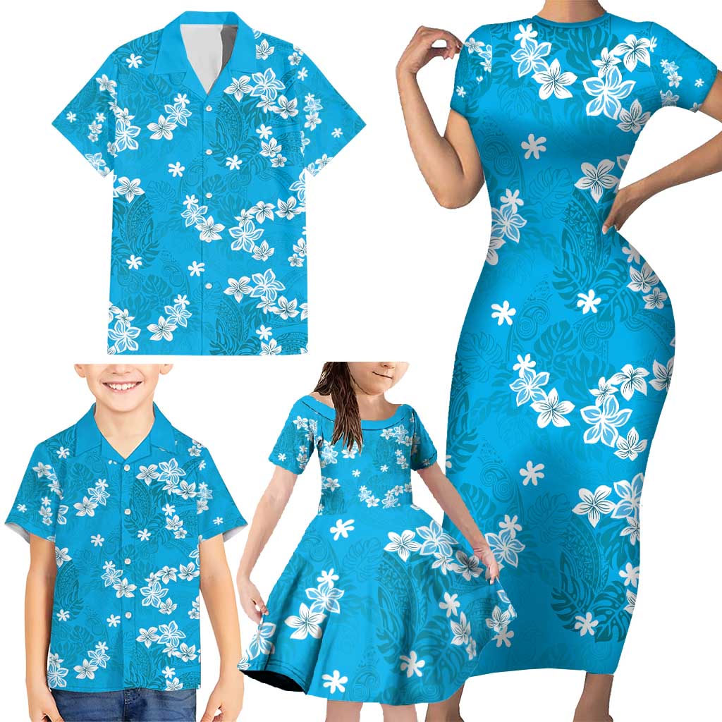 Hawaii Monstera Deliciosa Family Matching Short Sleeve Bodycon Dress and Hawaiian Shirt Blue Plumeria Polynesian Pattern LT05 - Polynesian Pride