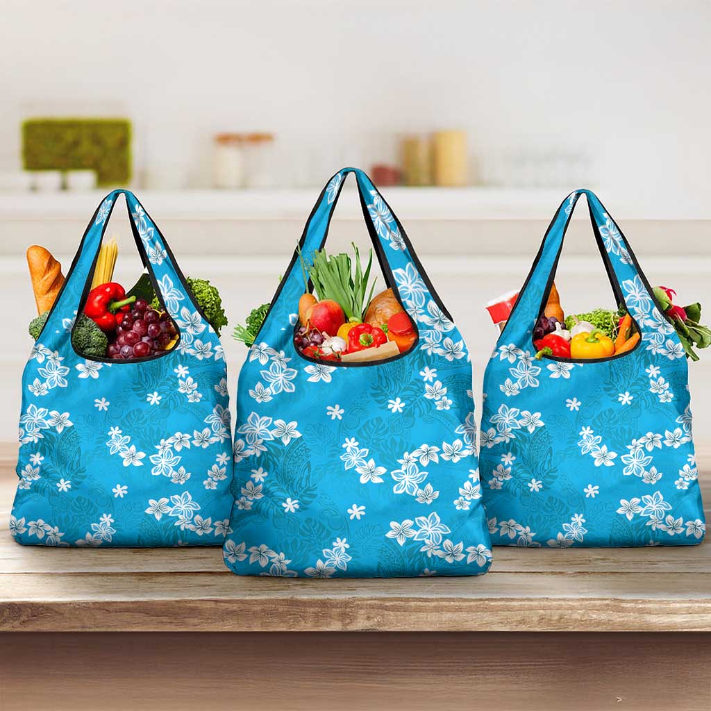 Hawaii Monstera Deliciosa Grocery Bag Blue Plumeria Polynesian Pattern LT05 3-pack One Size Blue - Polynesian Pride