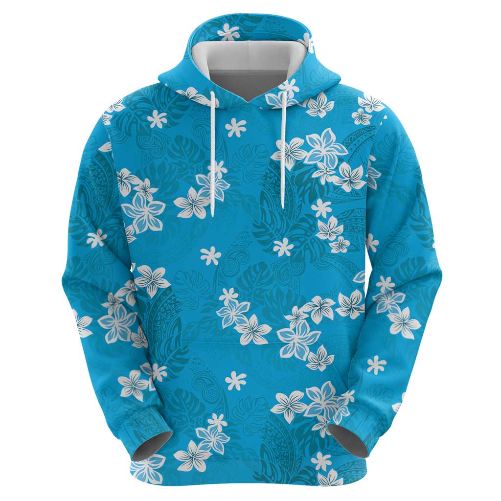 Hawaii Monstera Deliciosa Hoodie Blue Plumeria Polynesian Pattern - Polynesian Pride