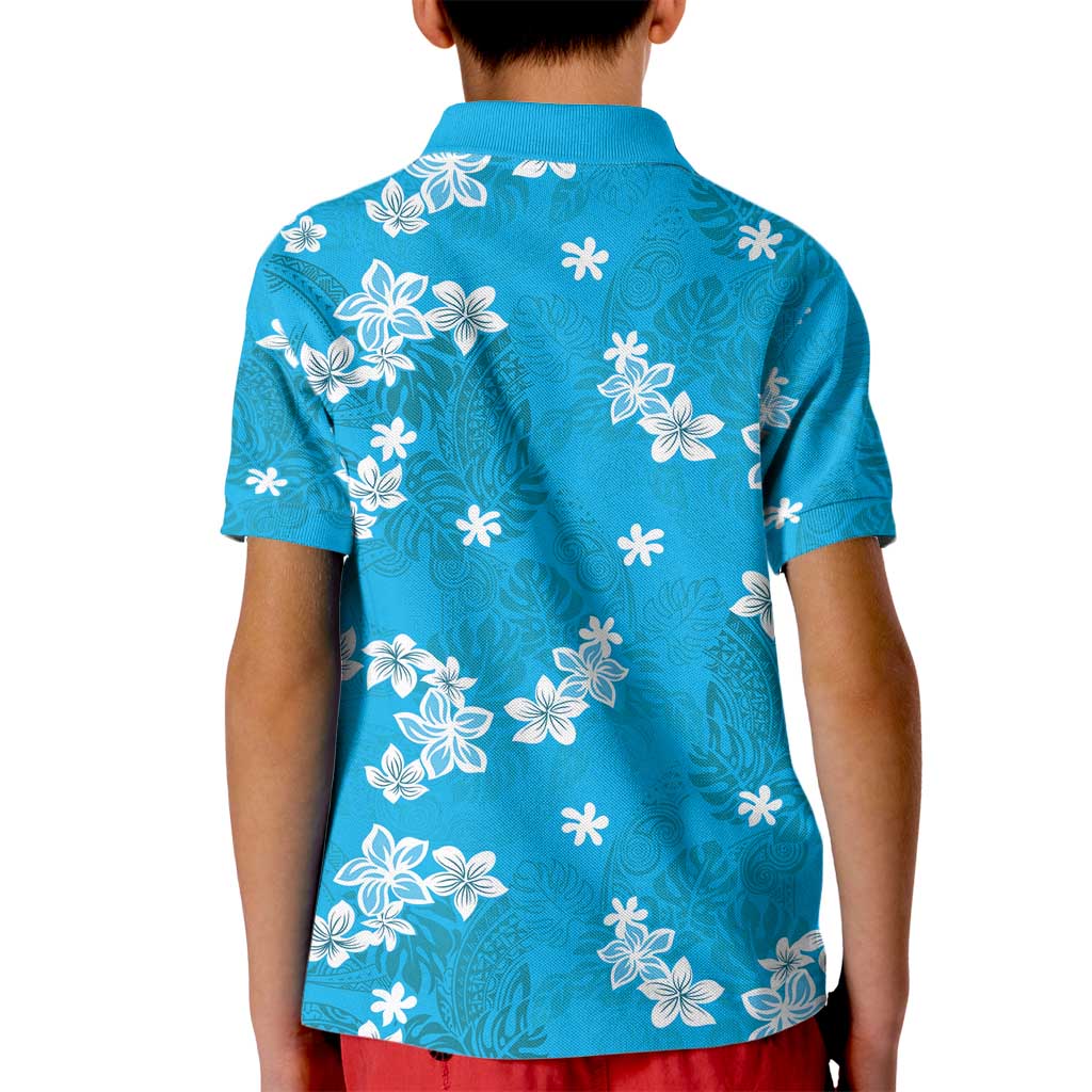 Hawaii Monstera Deliciosa Kid Polo Shirt Blue Plumeria Polynesian Pattern - Polynesian Pride