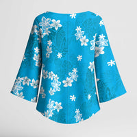 Hawaii Monstera Deliciosa Kimono Sleeve Blouse Blue Plumeria Polynesian Pattern - Polynesian Pride