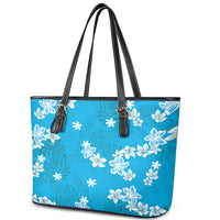 Hawaii Monstera Deliciosa Leather Tote Bag Blue Plumeria Polynesian Pattern - Polynesian Pride
