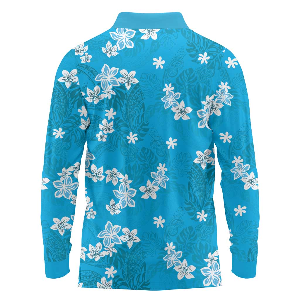 Hawaii Monstera Deliciosa Long Sleeve Polo Shirt Blue Plumeria Polynesian Pattern LT05 - Polynesian Pride