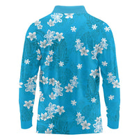 Hawaii Monstera Deliciosa Long Sleeve Polo Shirt Blue Plumeria Polynesian Pattern LT05 - Polynesian Pride