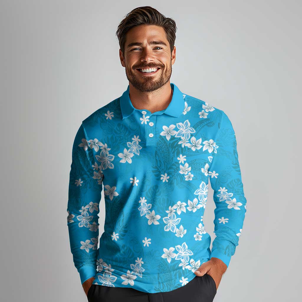 Hawaii Monstera Deliciosa Long Sleeve Polo Shirt Blue Plumeria Polynesian Pattern LT05 - Polynesian Pride
