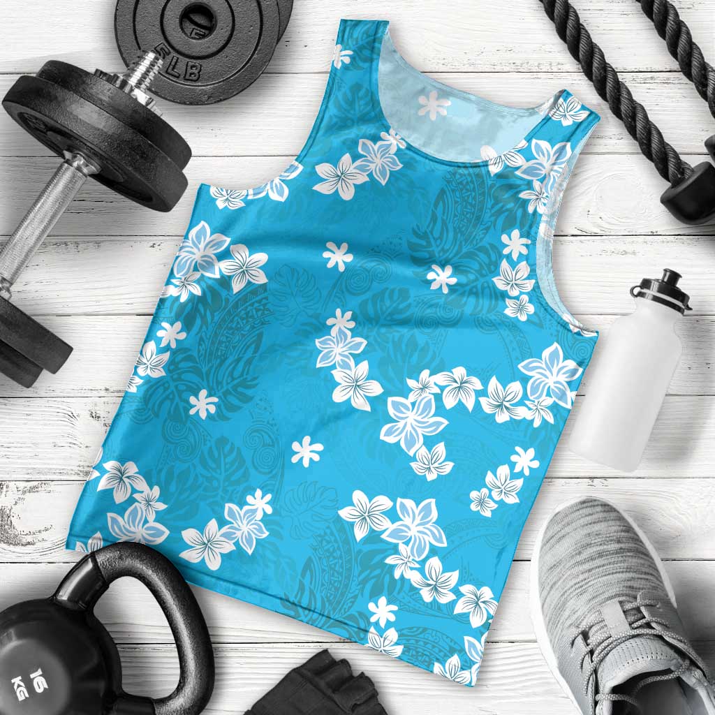 Hawaii Monstera Deliciosa Men Tank Top Blue Plumeria Polynesian Pattern LT05 - Polynesian Pride