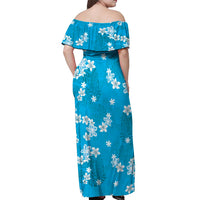 Hawaii Monstera Deliciosa Off Shoulder Maxi Dress Blue Plumeria Polynesian Pattern - Polynesian Pride
