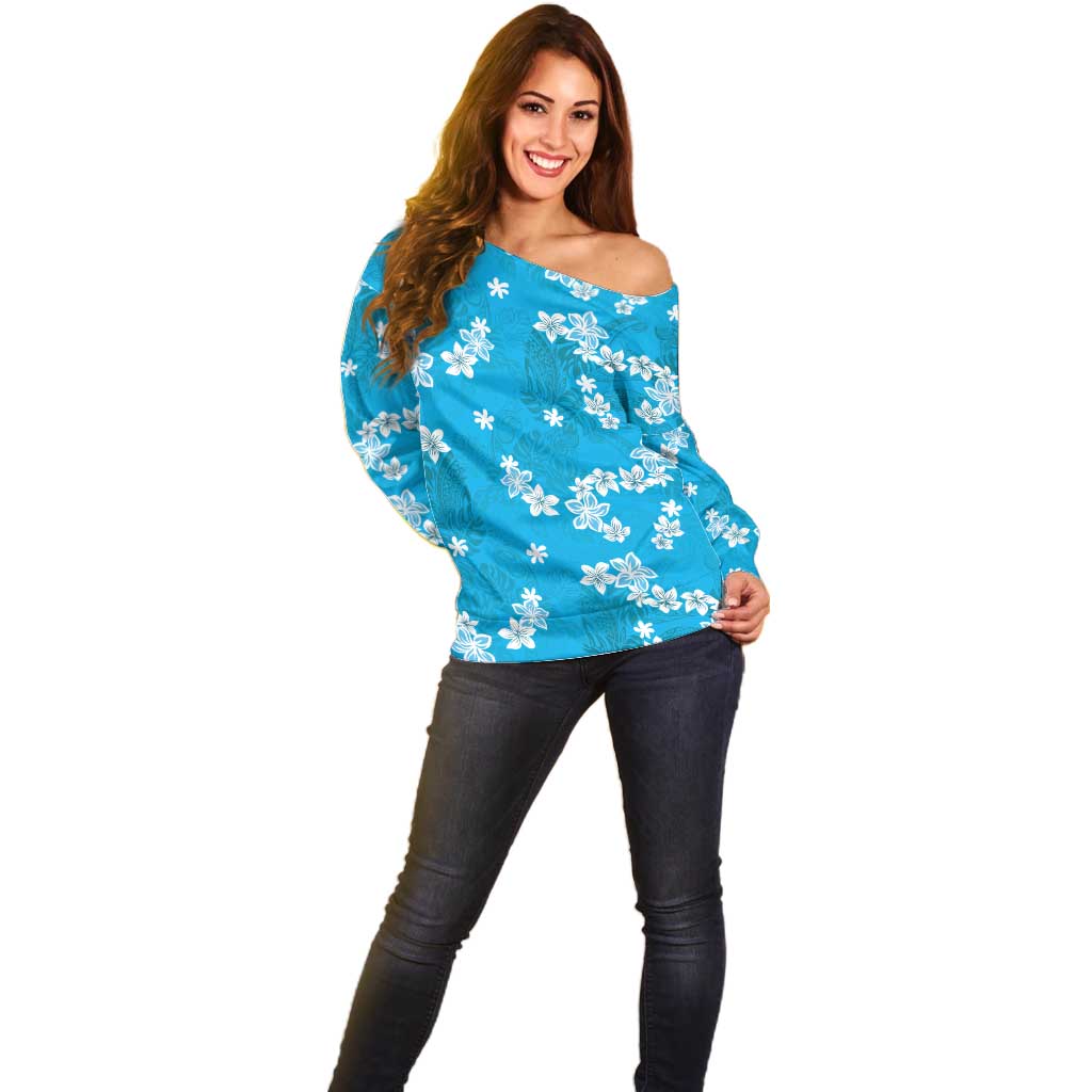 Hawaii Monstera Deliciosa Off Shoulder Sweater Blue Plumeria Polynesian Pattern - Polynesian Pride