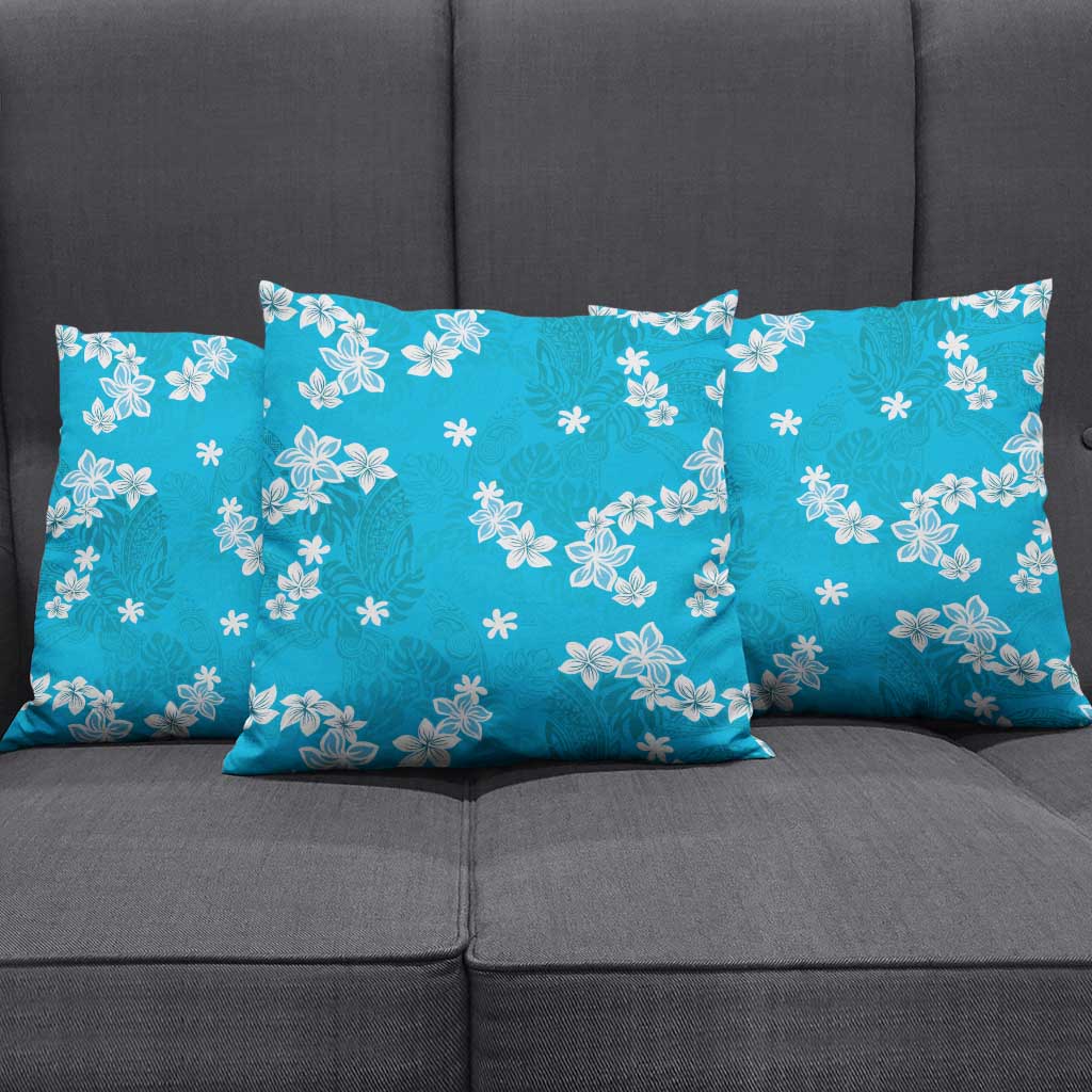 Hawaii Monstera Deliciosa Pillow Cover Blue Plumeria Polynesian Pattern - Polynesian Pride