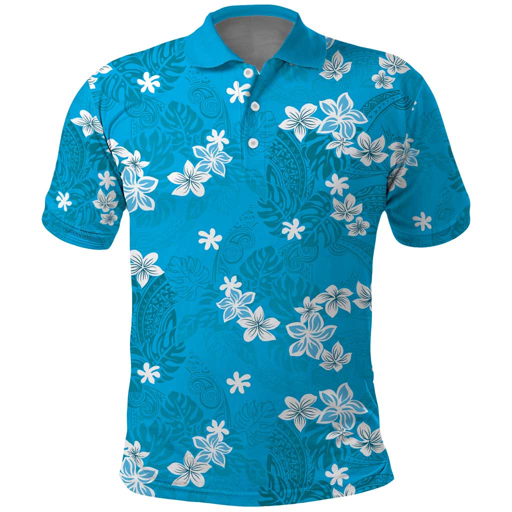Hawaii Monstera Deliciosa Polo Shirt Blue Plumeria Polynesian Pattern - Polynesian Pride
