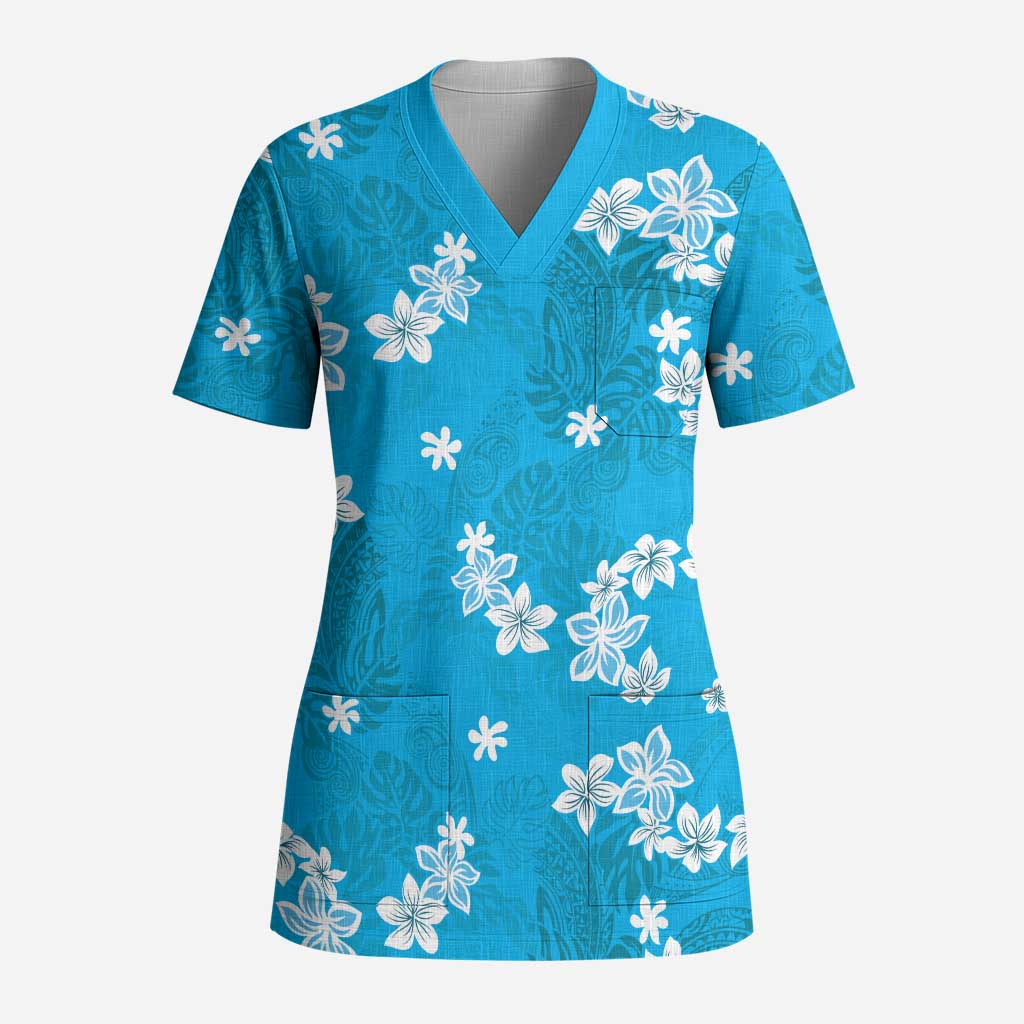 Hawaii Monstera Deliciosa Scrub Top Blue Plumeria Polynesian Pattern - Polynesian Pride