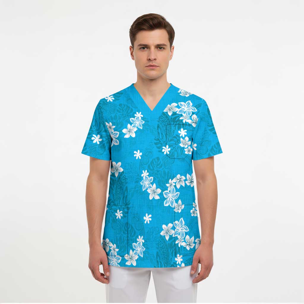 Hawaii Monstera Deliciosa Scrub Top Blue Plumeria Polynesian Pattern - Polynesian Pride