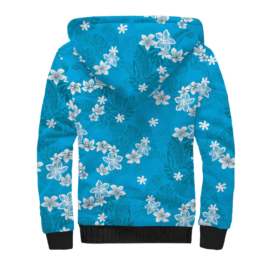 Hawaii Monstera Deliciosa Sherpa Hoodie Blue Plumeria Polynesian Pattern LT05 - Polynesian Pride