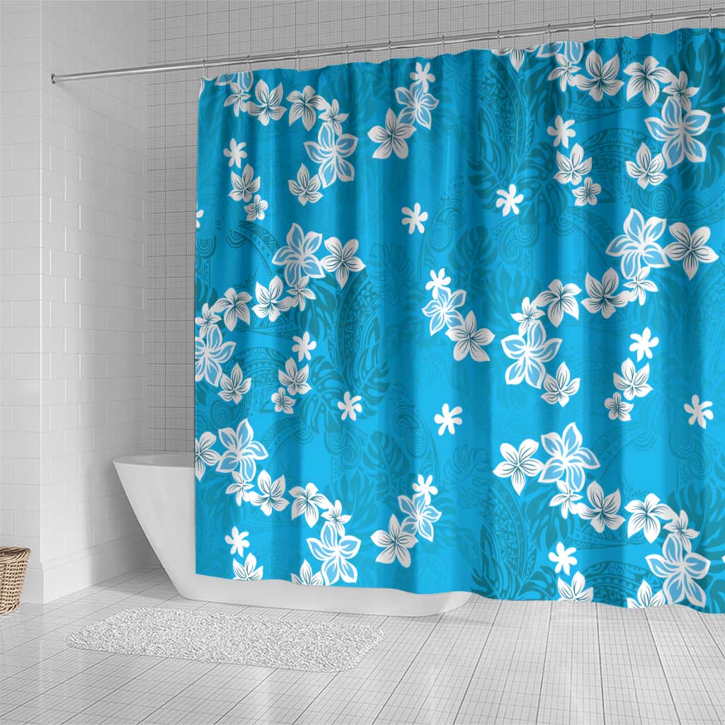Hawaii Monstera Deliciosa Shower Curtain Blue Plumeria Polynesian Pattern - Polynesian Pride
