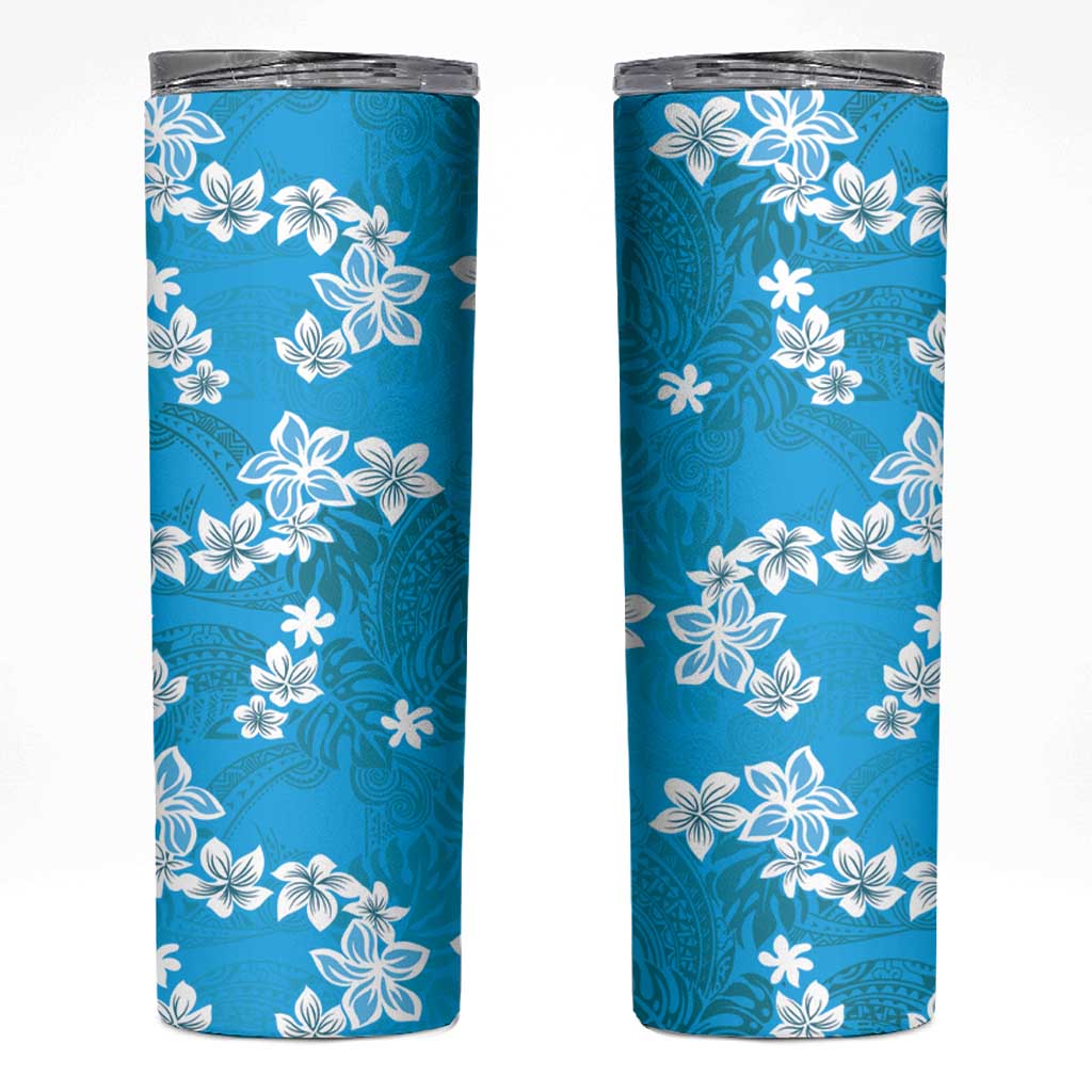 Hawaii Monstera Deliciosa Skinny Tumbler Blue Plumeria Polynesian Pattern - Polynesian Pride