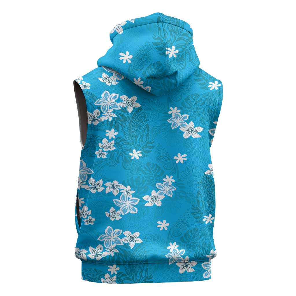 Hawaii Monstera Deliciosa Sleeveless Hoodie Blue Plumeria Polynesian Pattern LT05 - Polynesian Pride