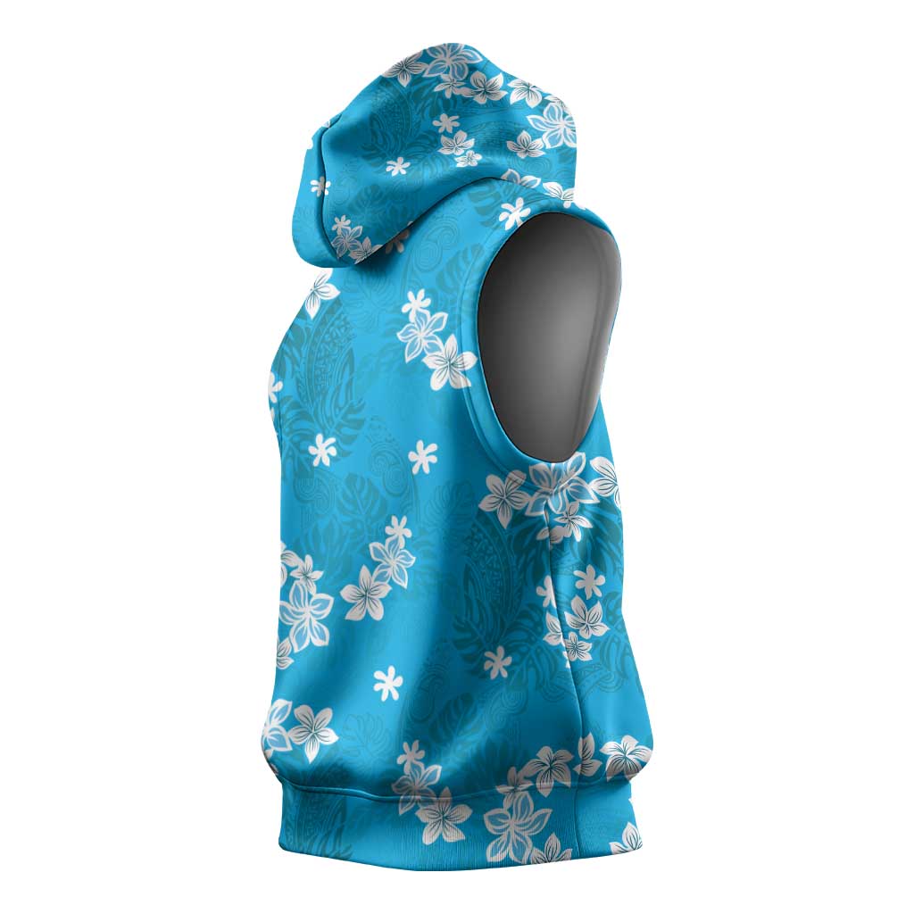 Hawaii Monstera Deliciosa Sleeveless Hoodie Blue Plumeria Polynesian Pattern LT05 - Polynesian Pride
