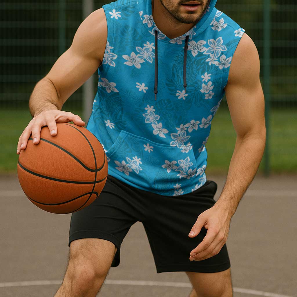Hawaii Monstera Deliciosa Sleeveless Hoodie Blue Plumeria Polynesian Pattern LT05 - Polynesian Pride