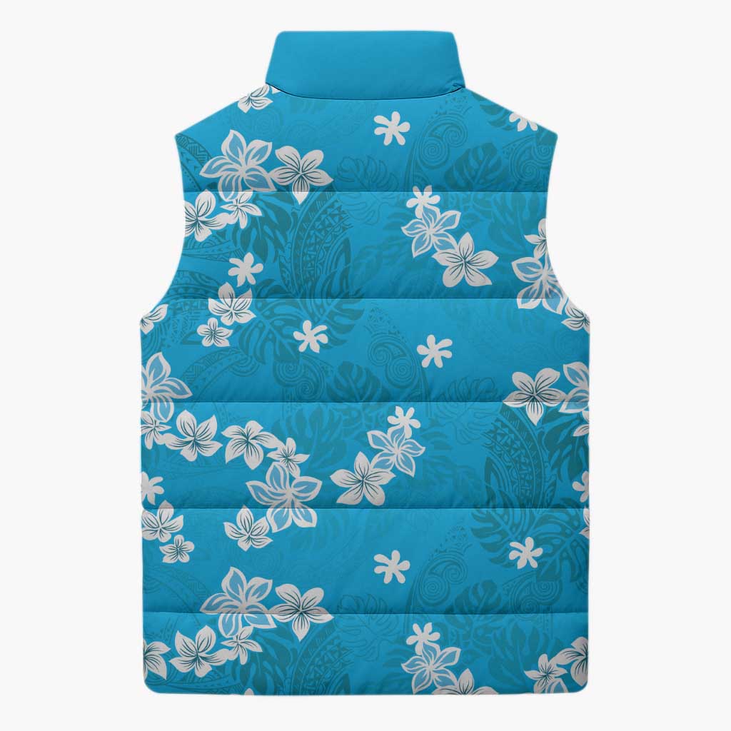 Hawaii Monstera Deliciosa Sleeveless Puffer Jacket Blue Plumeria Polynesian Pattern LT05 - Polynesian Pride