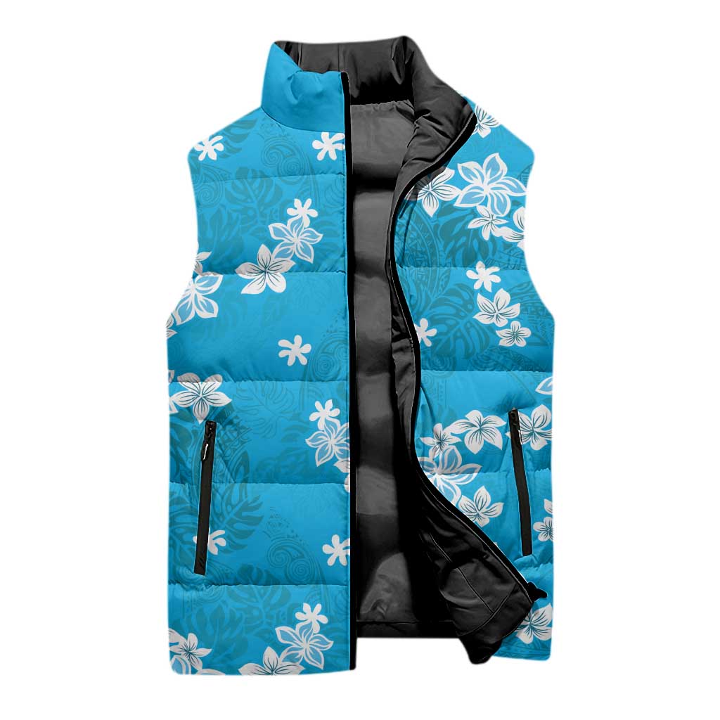 Hawaii Monstera Deliciosa Sleeveless Puffer Jacket Blue Plumeria Polynesian Pattern LT05 - Polynesian Pride