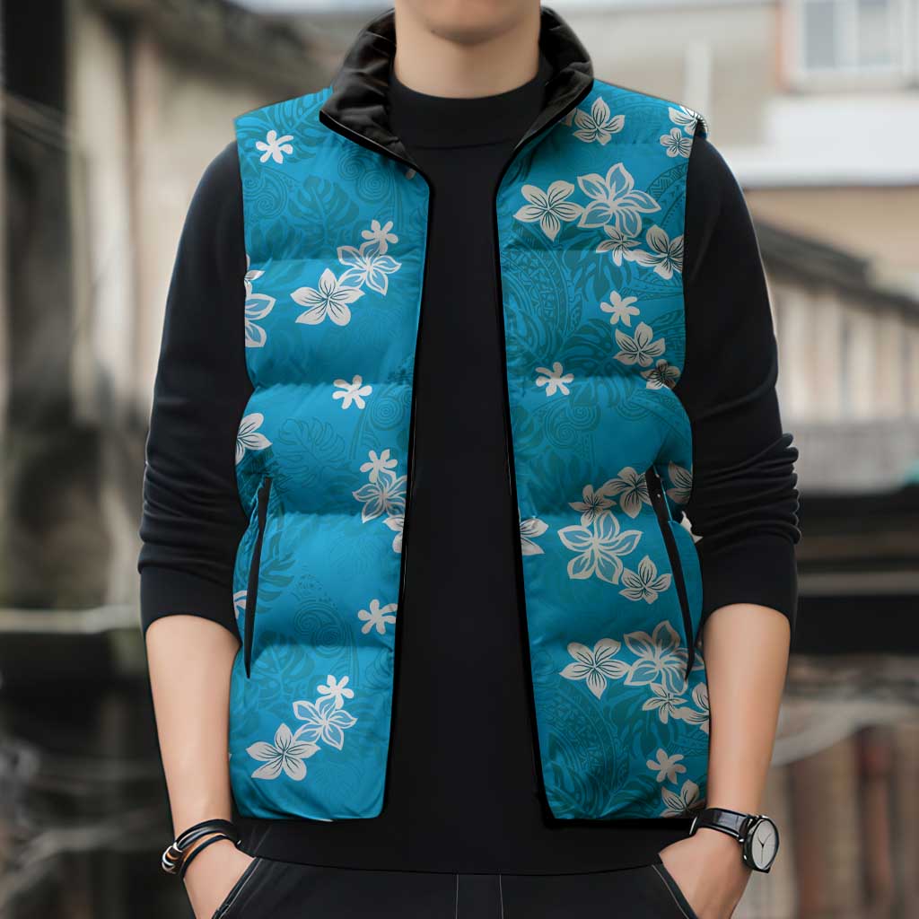 Hawaii Monstera Deliciosa Sleeveless Puffer Jacket Blue Plumeria Polynesian Pattern LT05 - Polynesian Pride