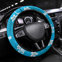 Hawaii Monstera Deliciosa Steering Wheel Cover Blue Plumeria Polynesian Pattern - Polynesian Pride