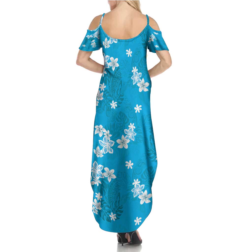 Hawaii Monstera Deliciosa Summer Maxi Dress Blue Plumeria Polynesian Pattern - Polynesian Pride