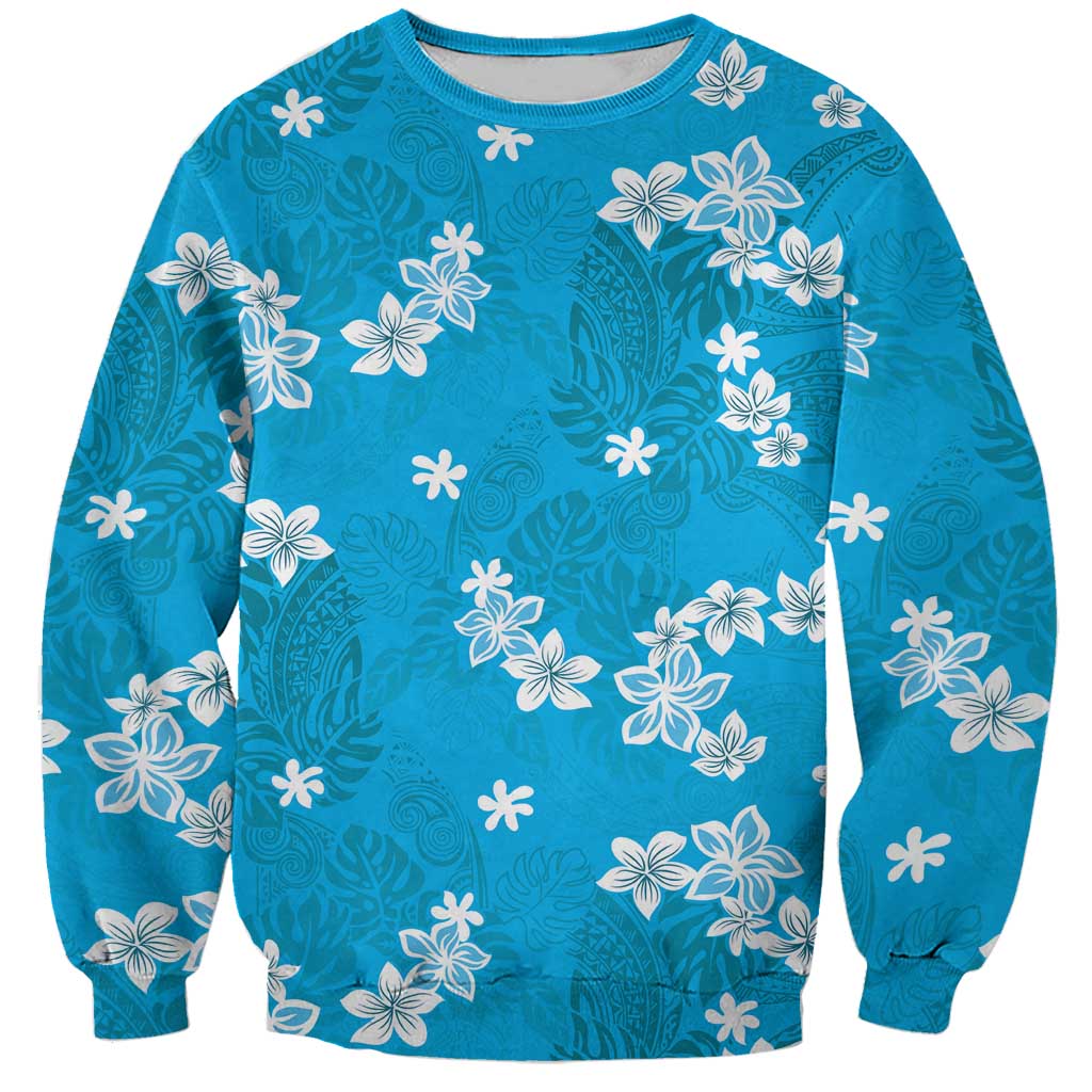 Hawaii Monstera Deliciosa Sweatshirt Blue Plumeria Polynesian Pattern LT05 Unisex Blue - Polynesian Pride