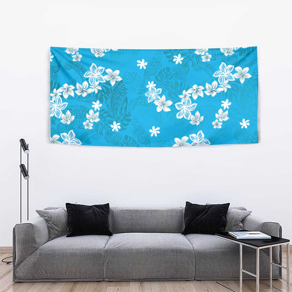 Hawaii Monstera Deliciosa Tapestry Blue Plumeria Polynesian Pattern - Polynesian Pride