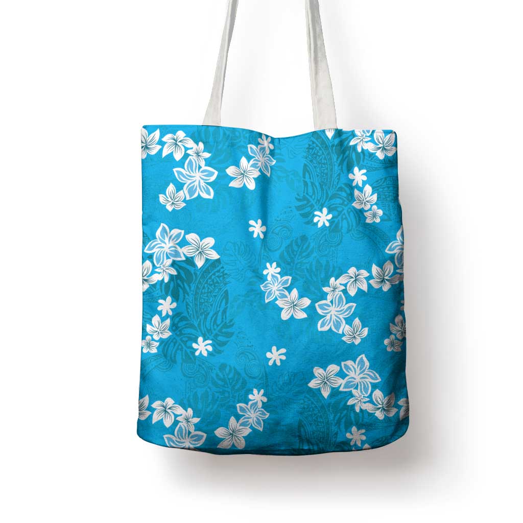 Hawaii Monstera Deliciosa Tote Bag Blue Plumeria Polynesian Pattern - Polynesian Pride
